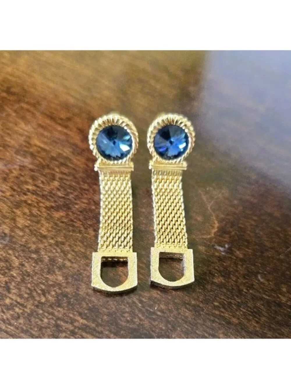 Vintage Swank Blue Rivoli Crystal Gold Tone Mesh Wrap Around Cufflinks MCM 1960s